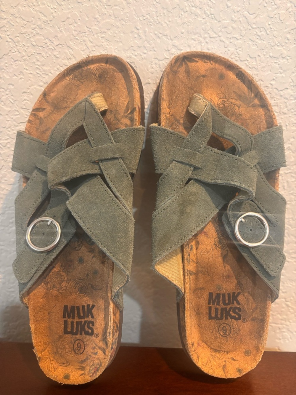 Muk Luks Olive Suede Crisscross Slide Sandals with Buckle